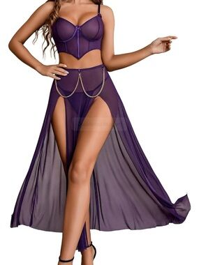 Sheer Purple Two-Piece Lingerie Set with Chain Accent